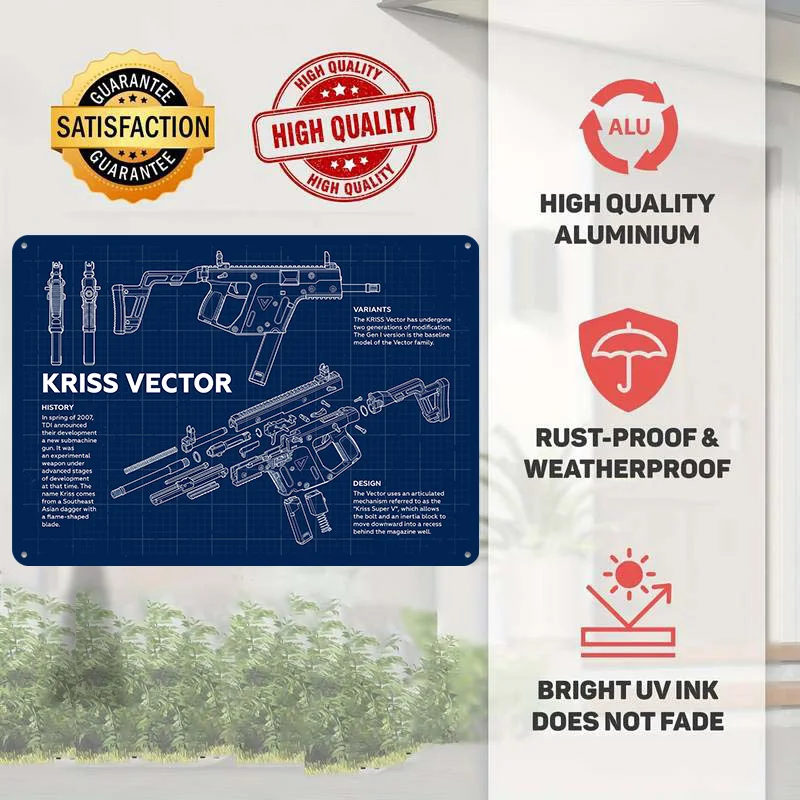 Kriss Vector Blueprint Poster Retro 3D Printed Metal Signs Customized Wall Hanging Gift for Room Decor Interior Accessories Art