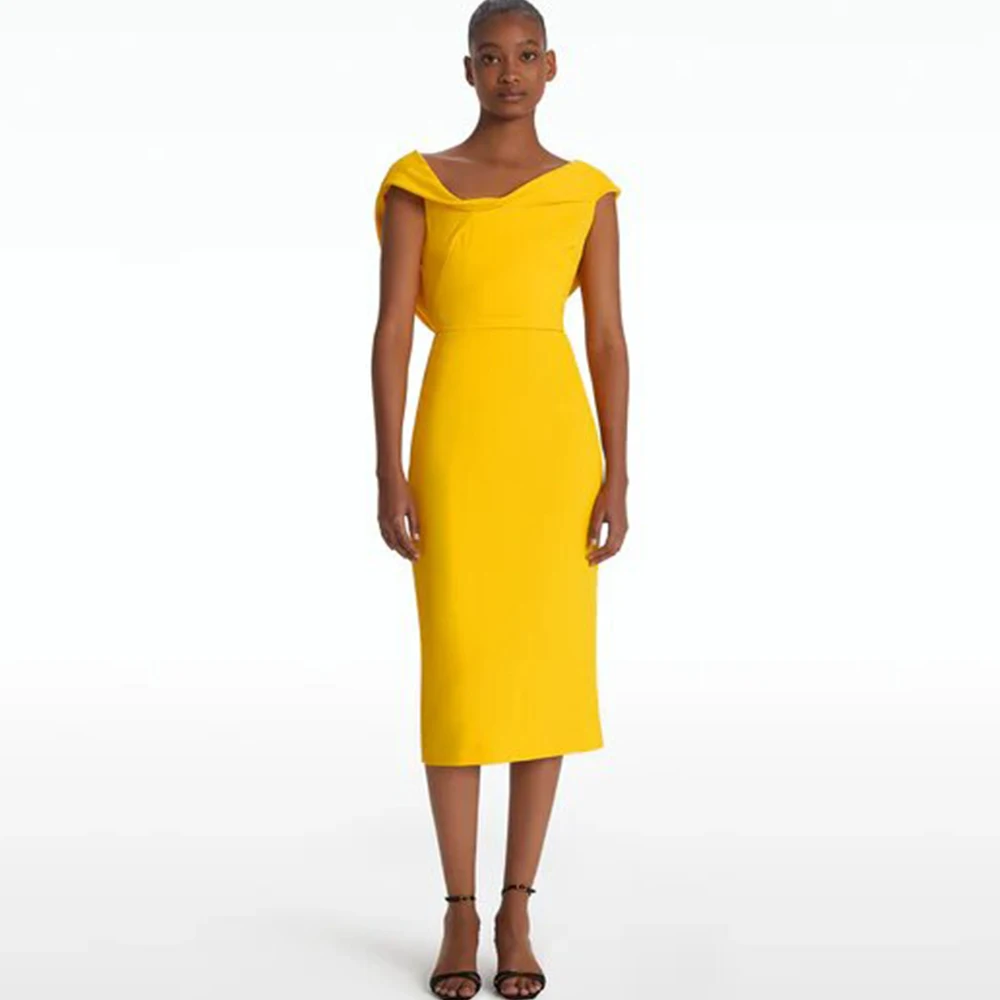 

Yellow Elegant Women's Cocktail Party Gowns Draped Bespoke Occasion Gown Column&Sheath V-neck Midi Dresses