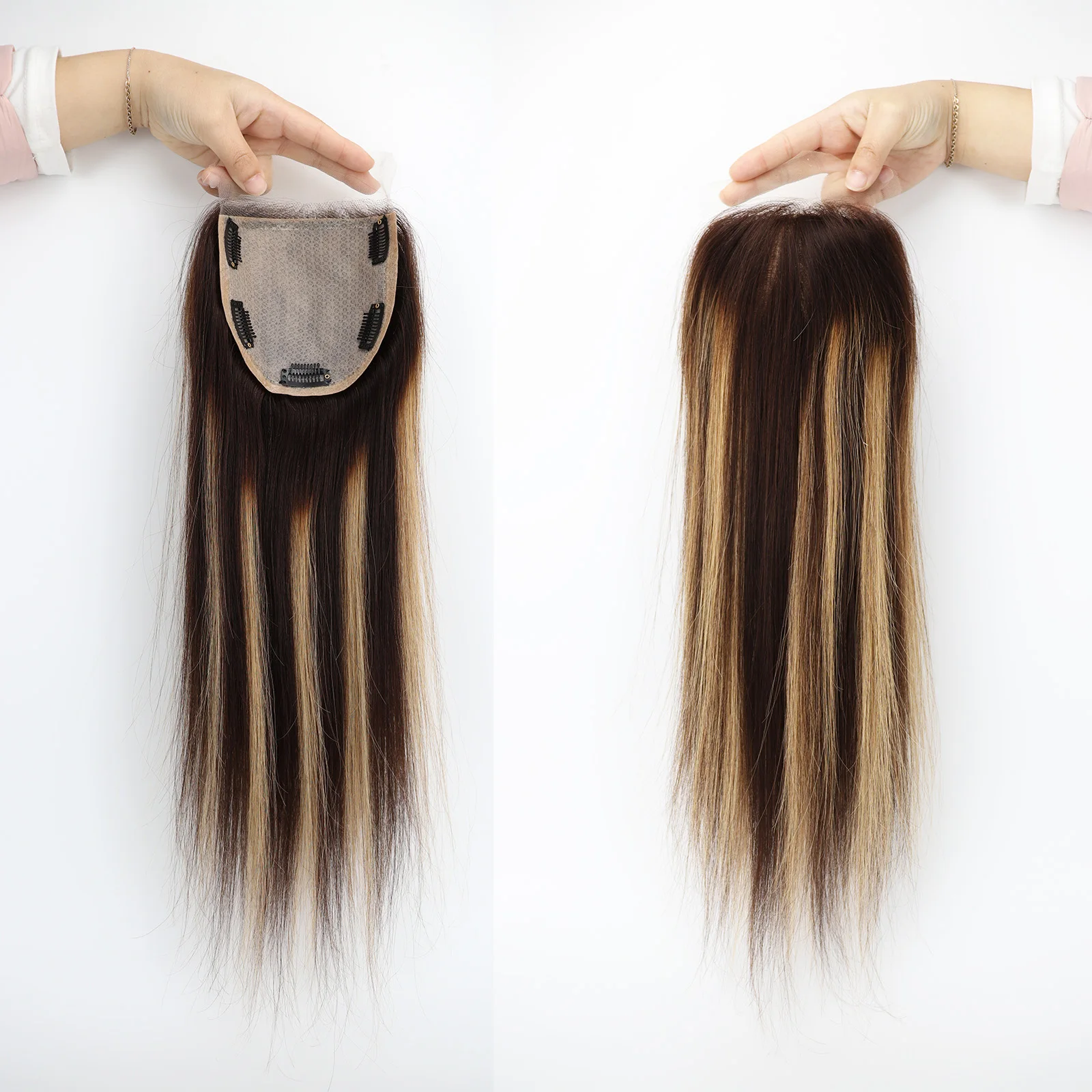 

5x5 дюймов Топпер из натуральных волос на шелковой коже с зажимами для мелирования коричневого блонда 4/27 Настоящая кружевная застежка из натуральных волос для женщин