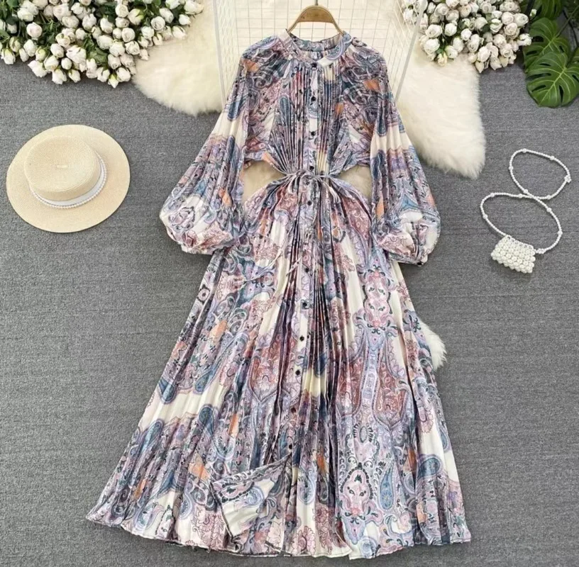 Summer Women Print Long Dress Single Breasted Lantern Full Sleeve Round Neck A Line Dresses High Waist Folds Skirts Ladies 2024