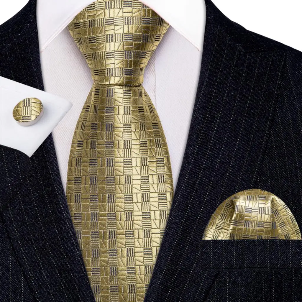 

Luxury Gold Yellow Plaid Tie for Mens Silk Necktie Pocket Square Cufflinks Set Wedding Business Party Grabatas Barry·Wang 6306