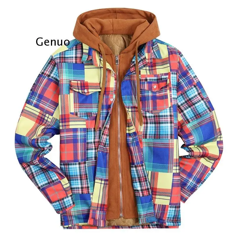 Autumn and winter new men's thick quilted digital printing jacket hooded fake two-piece jacket cotton-padded jacket