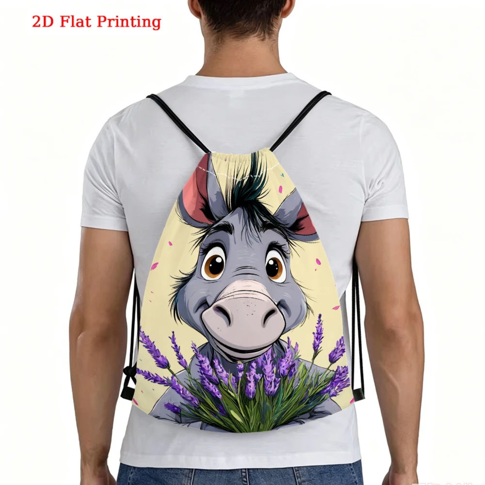 Cute Cartoon Style, Drawstring Backpack, Funny Donkey With Lavender Flowers Print, Gym Sports Bag, Outdoor Travel Drawstring Bag