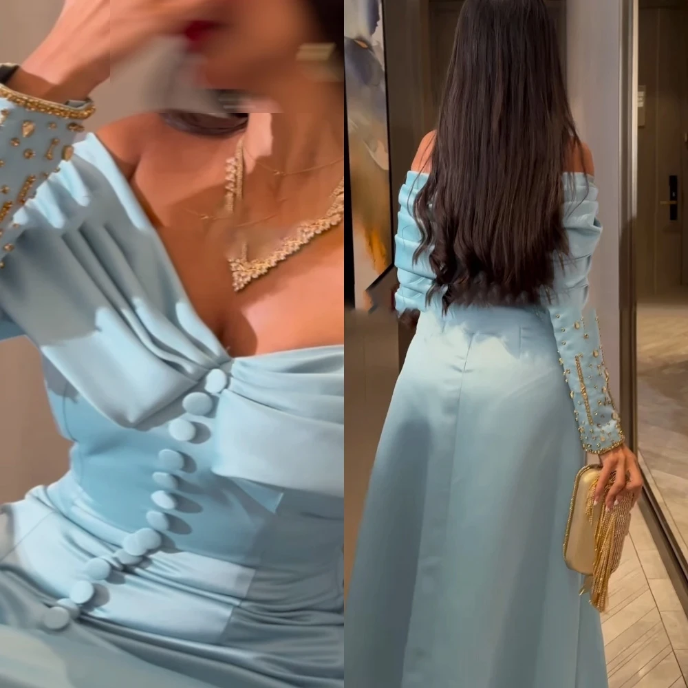 

Customized Classic Boat Neck Evening Dress High Quality Satin Prom Dresses Delicate Crystal Long Sleeves Special Occasion Gowns