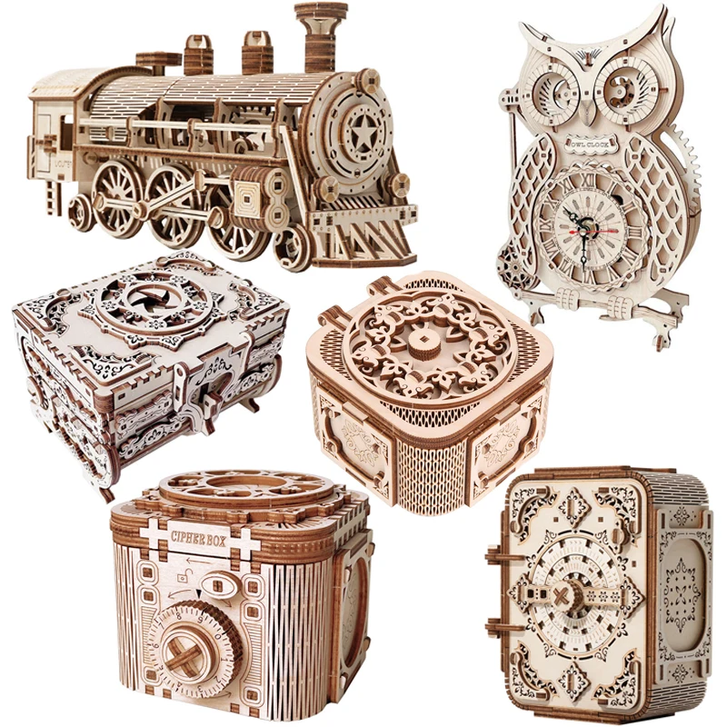 3D Wooden Puzzle Owl Clock Model Building Kits Jewelry Storage Box Mechanical Gear Locomotive Train Vehicle Assembly Toys Gifts