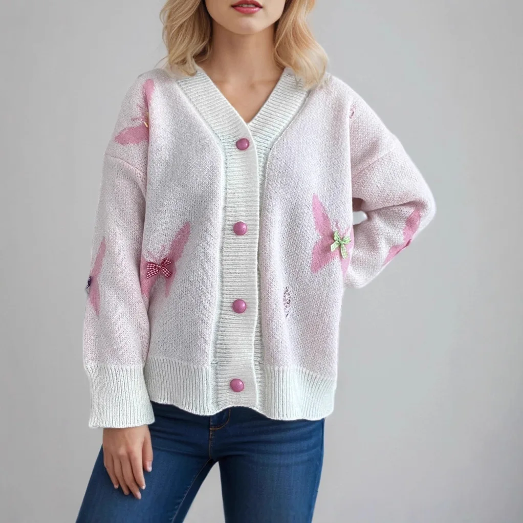 

2025 Casual Loose Knitted Top V-Neck Color Block Butterfly Long Sleeve Fashion Unique Cardigan