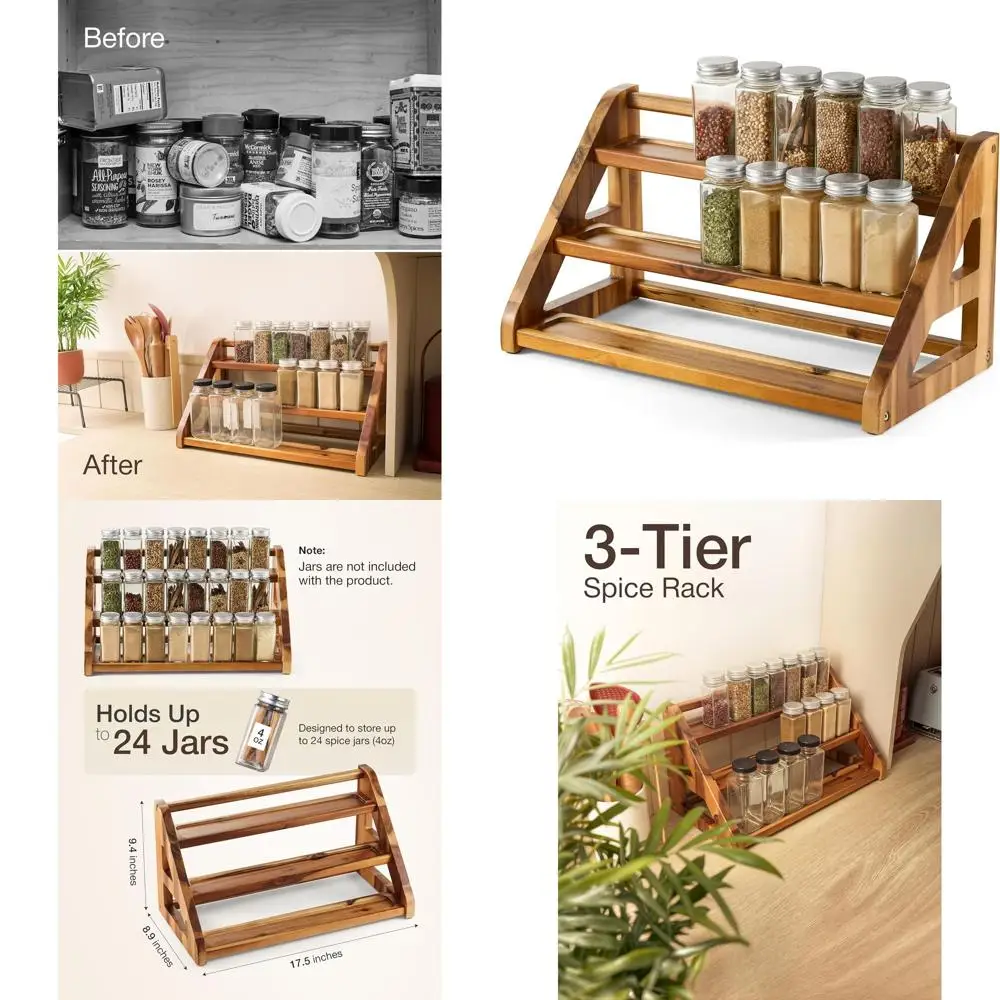 

3-х уровневая полка для специй из дерева акации для кухни, вмещает 24 банки, органайзер для столешницы и шкафа