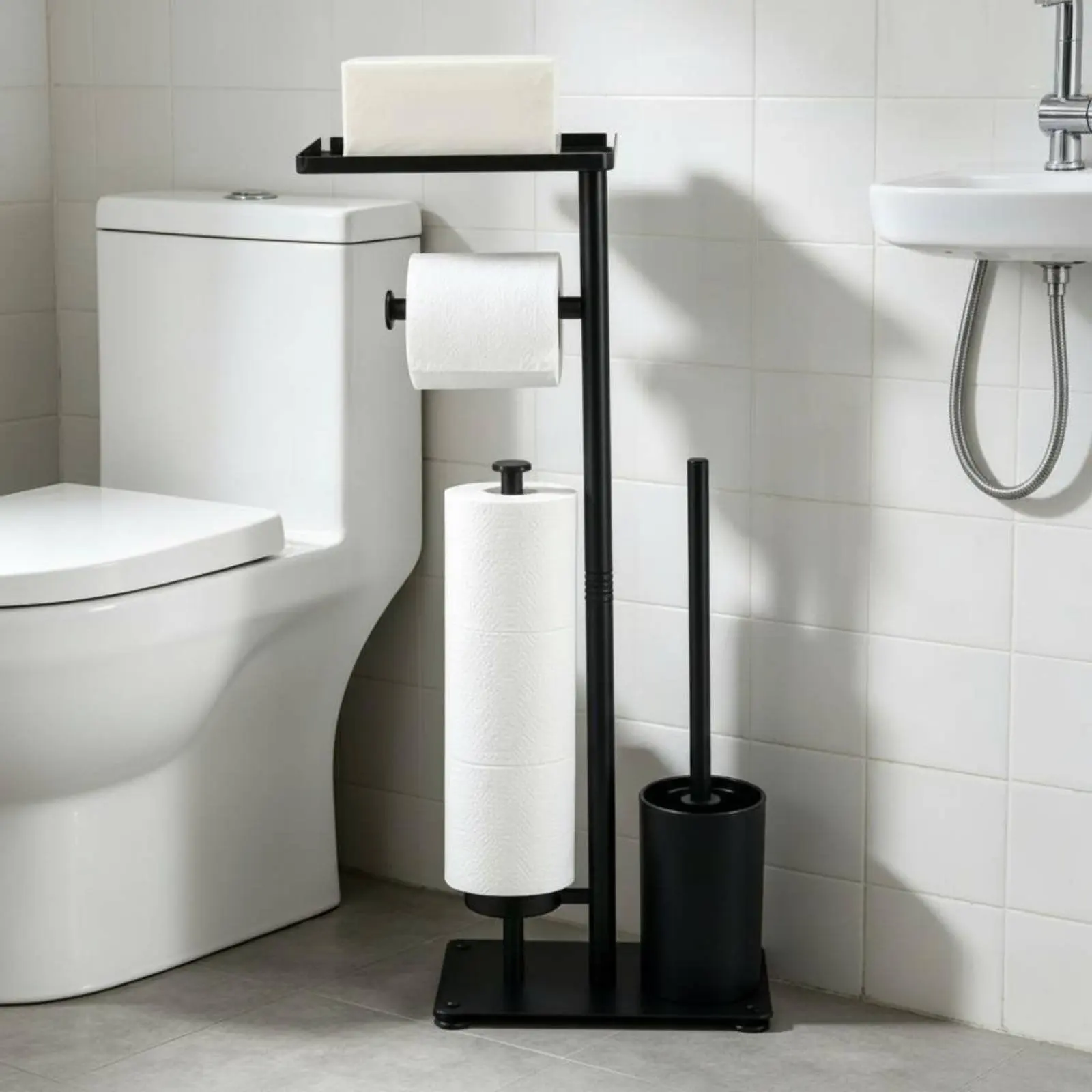 

Floor Toilet Brush Stand Wooden Bathroom Tissue Holder Stand Storage Shelf Space Saving