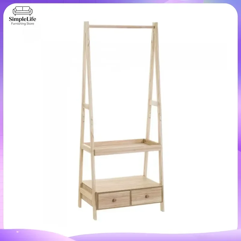 Wooden Coat Rack Stand with 2 Drawers Modern Living Room Hallway Clothes Hanger Organizer Free Standing Entryway Furniture