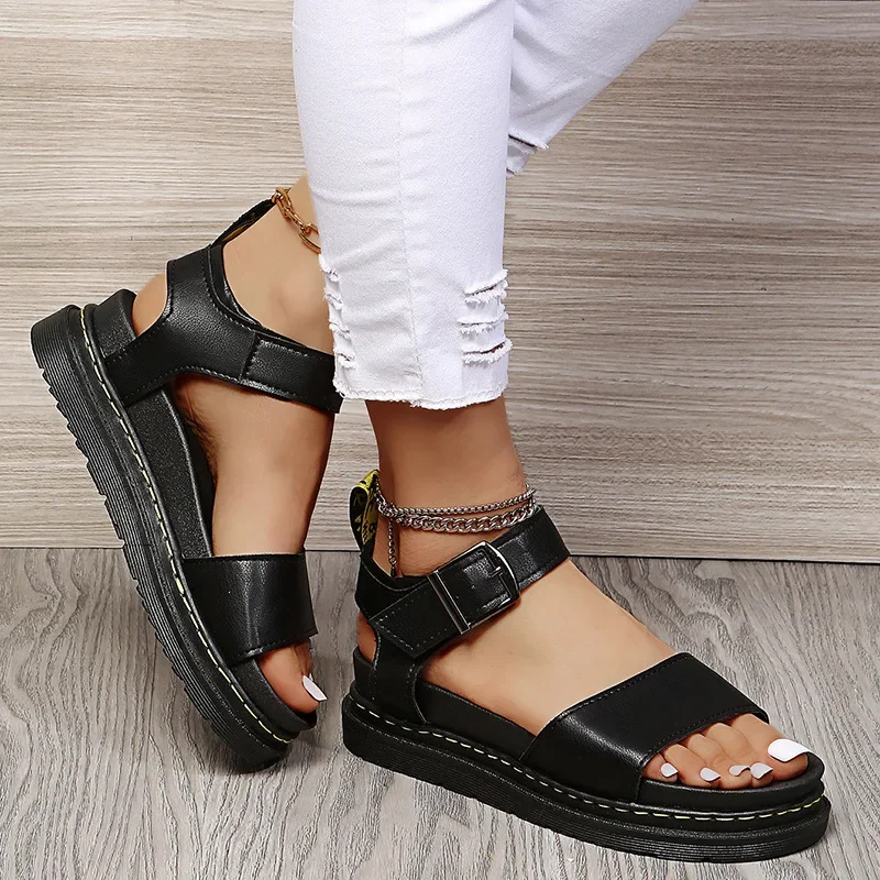 Ankle Strap Women Female Lady PU Sandals Sandals Thick-soled Soft Buckle Korean Solid Color Summer Beach Sandalias Mujer Size43