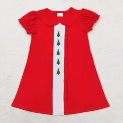 Embroidered Christmas tree baby girl dress red cotton Christmas dress wholesale boutique baby collar girl clothing