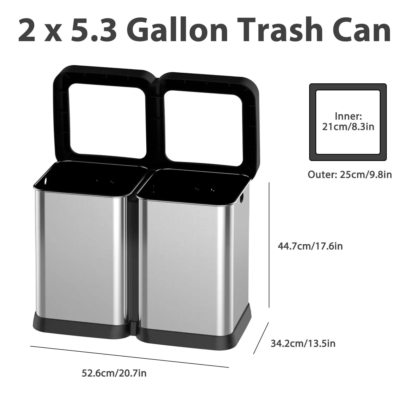 2x5.3 Gallon Dual Compartment Trash Can, Open Top, Lidless Stainless Steel, Garbage Bin for Kitchen, Office, Room, Living Room