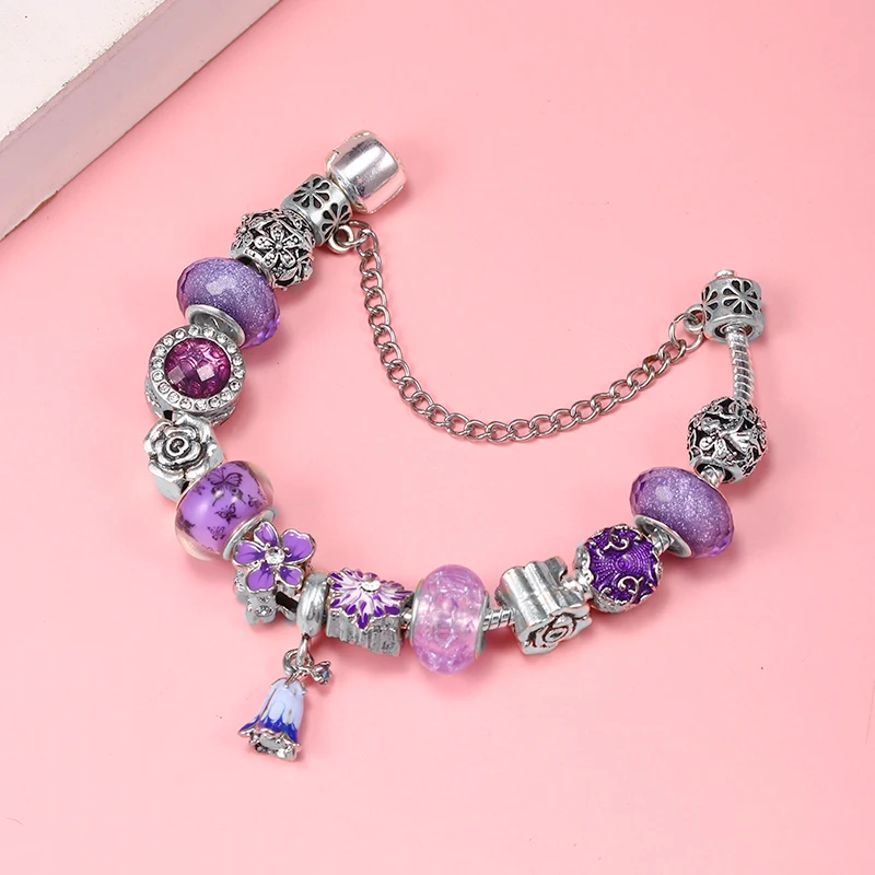 Beatiful Purple Flowers Beads Chain With Pendant Charm Bracelet DIY Fashion Brand Jewelry Gift For Women & Kids Gift New Design