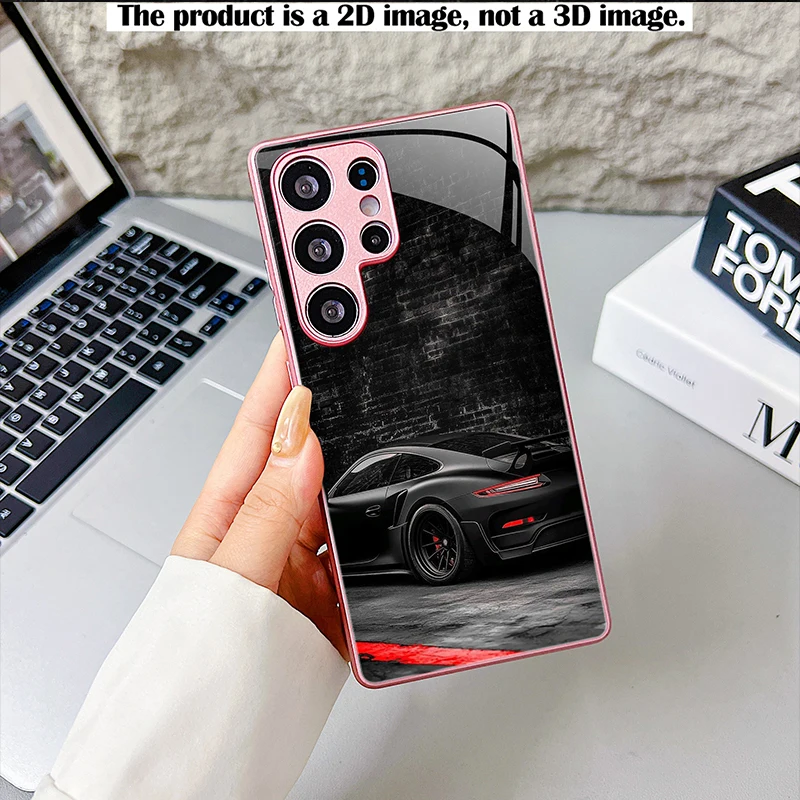 Black Car Red Stripe Brick Wall Print Glass Phone Case For Samsung S-Series A-Series Shockproof Full Cover