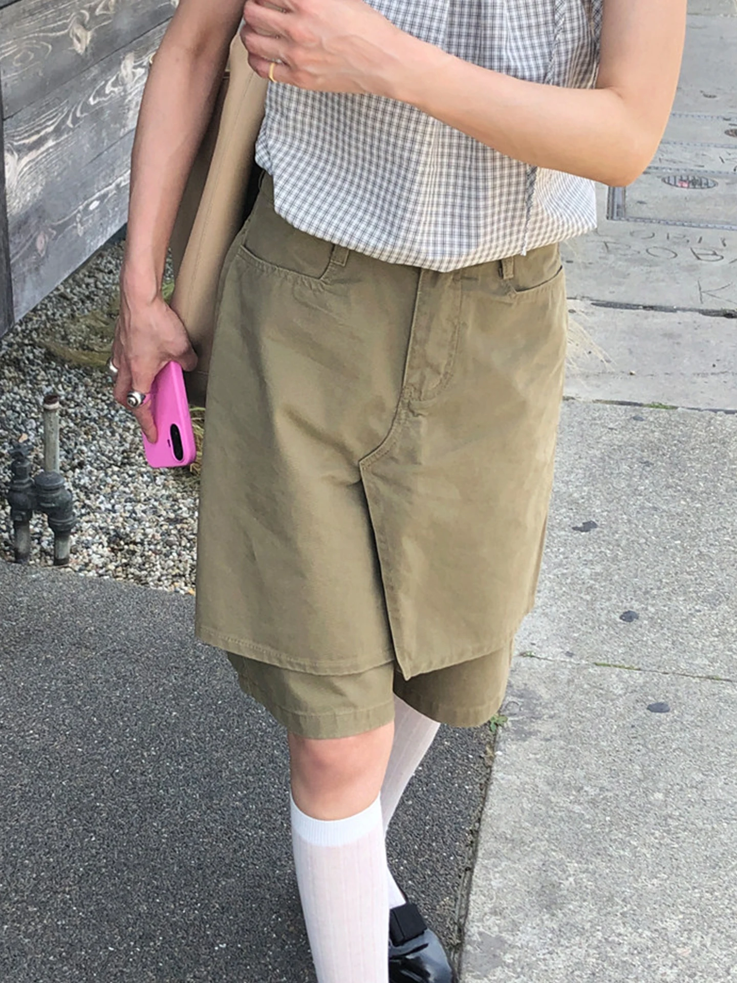Korean Style High Waist Short Pants Women's Casual Loose Fit Breathable Comfortable Cotton Workwear Style Fake Two-Piece