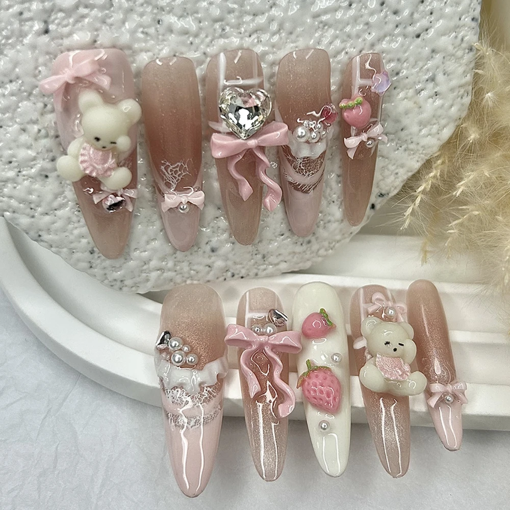 10개 진주 글리터 핑크 3D 딸기 테디베어 핸드메이드 프레스온 네일 블러쉬 귀여운 리본 가짜 손톱 탈부착 가능 재사용 가능
