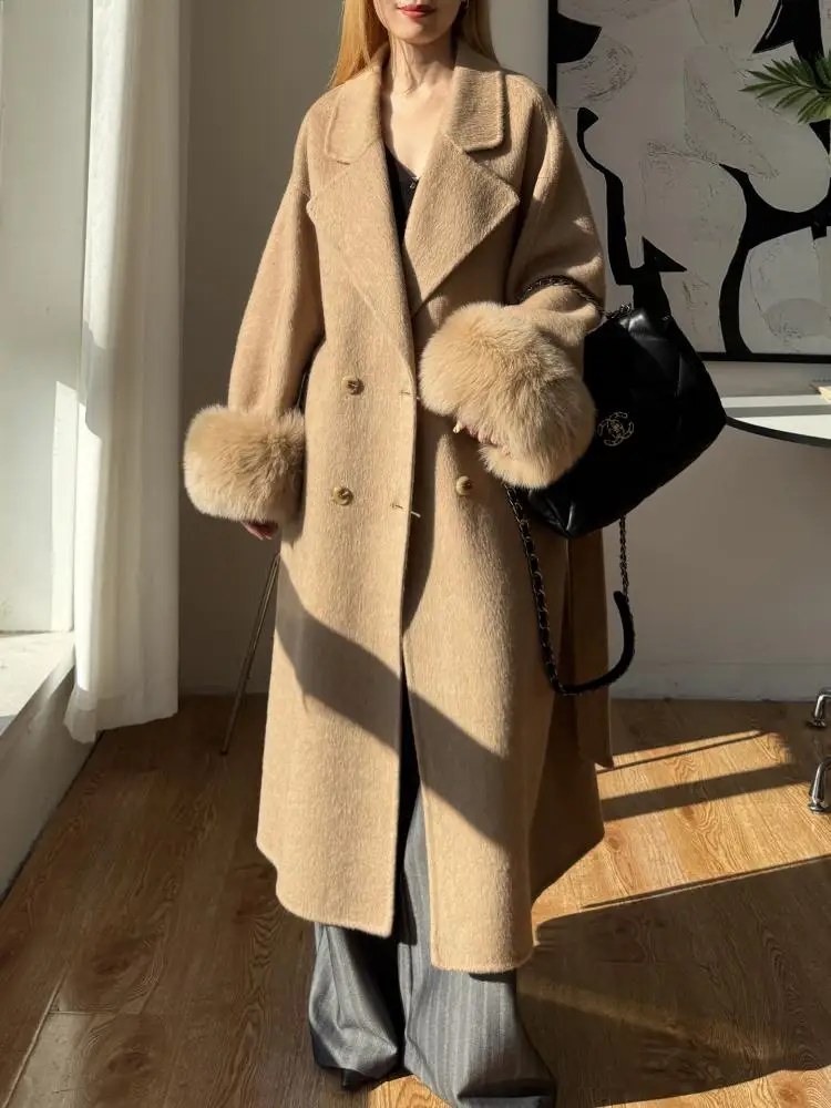 

Office Lady Double-Breasted Woolen Jackets 2025 Autumn And Winter High-End Natural Fox Fur Loose Lace-Up Women's Wool Coats