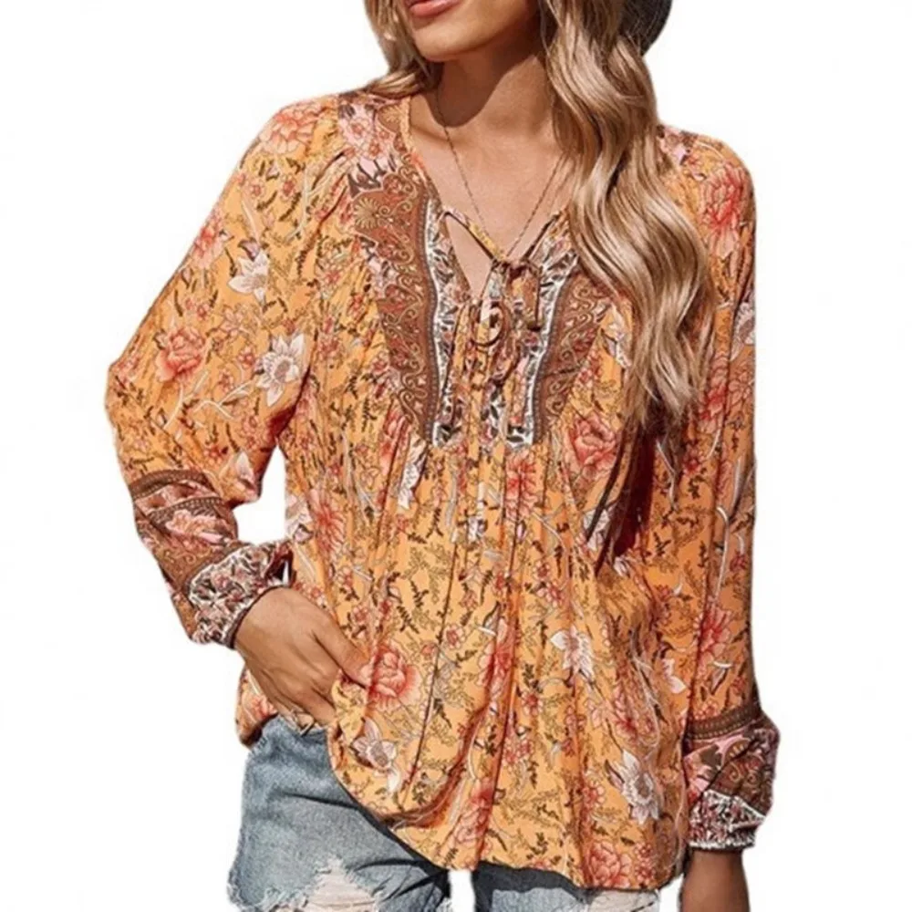 

Women Vintage Floral Print Blouse Sexy V Neck Long Sleeve Tops Casual Date Work Party Summer Beach Loose Blouses Shirts