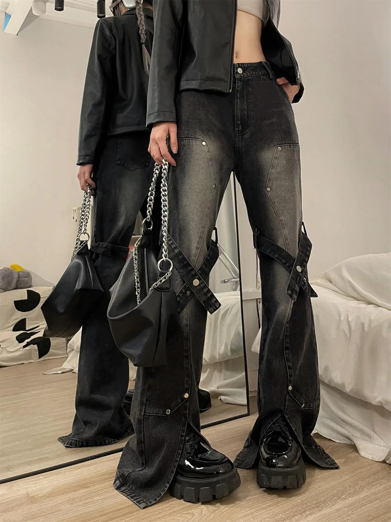 

Ретро джинсы-клеш большого размера в американском уличном стиле для женщин: модные повседневные брюки с дизайнерским акцентом, в стиле High Street, с эффектом тай-дай