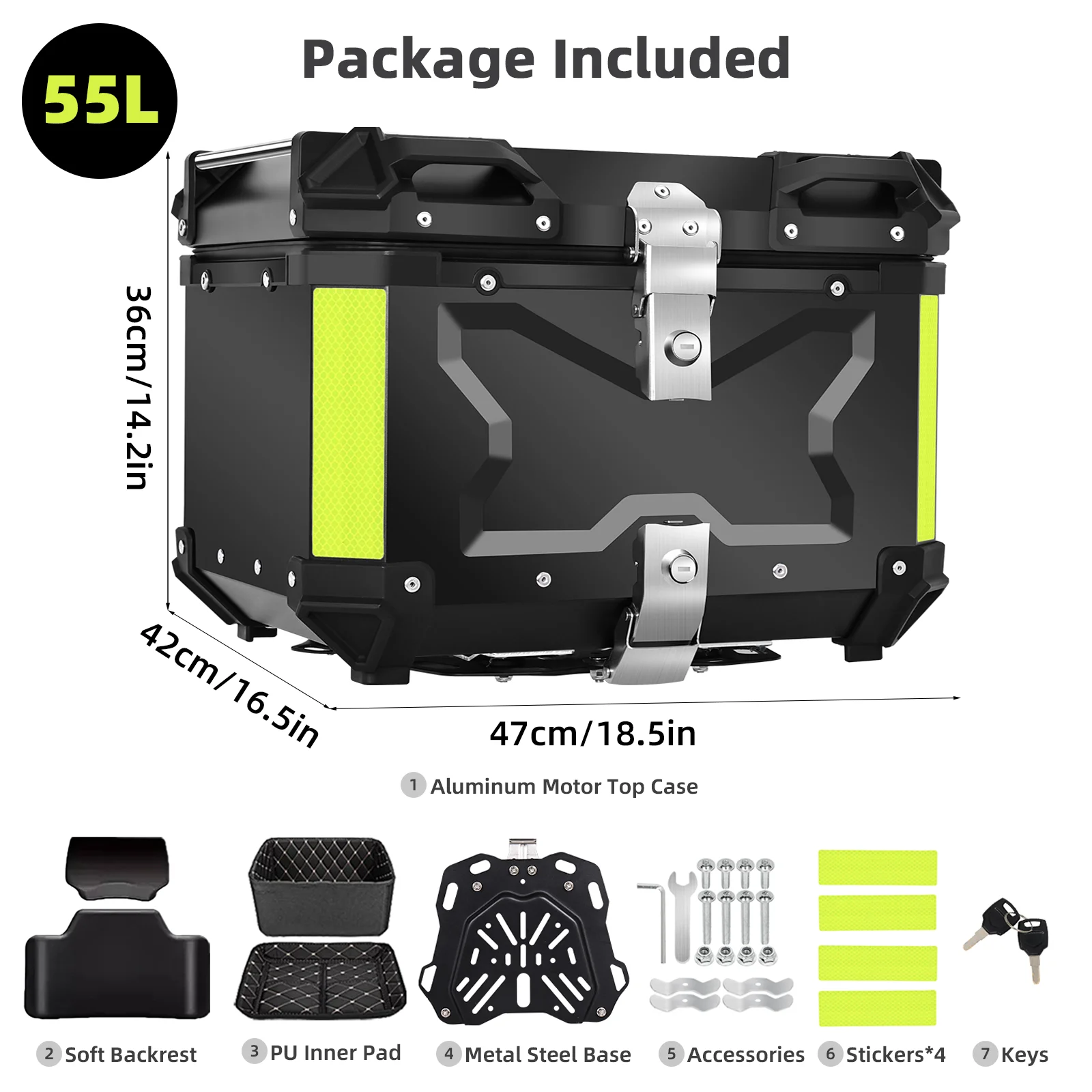 65L Topkoffer Aluminium Motor Topbox met Binnenvoering & Rugleuning Universele Afneembare Achterkoffer met Dubbele Sloten Waterdichte Helmen Opberg Bagagekoffer