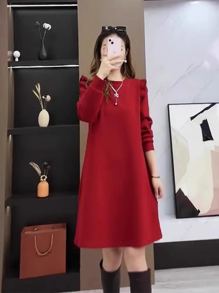 

plus Size Autumn Winter Knitted Patchwork Sequin Red Luy Year Dr Slimming French Sle Loose Fit High Waist Midi Dr