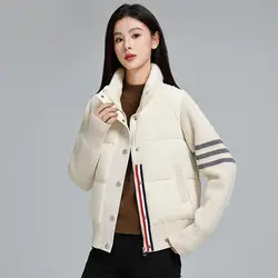 Autumn/Winter New Down Cotton Jacket Women's Short Zipper Pocket Knitted Sleeve Jacket Lightweight Cotton Coat