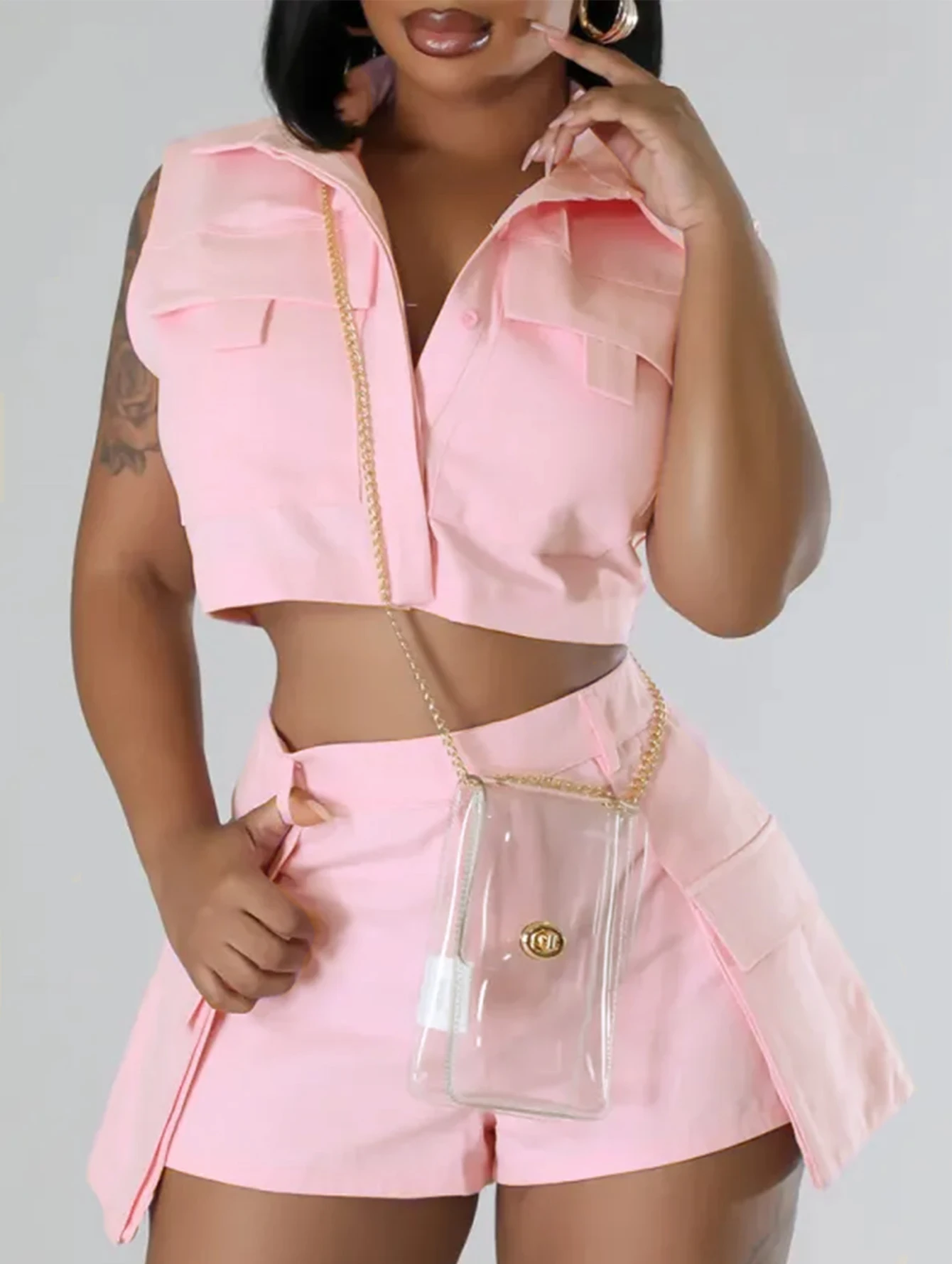 

Trendy Cargo-Style Cropped Top + High-Waisted Shorts Two-Piece Set | Women's Streetwear Sleeveless Casual Outfit