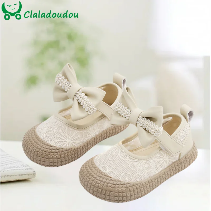 Claladoudoud Lace Hollow Sneakers Baby Girls With Cute Big Bowtie-knot Soft Sole Toddler Princess Flower Outside Walkers Shoes