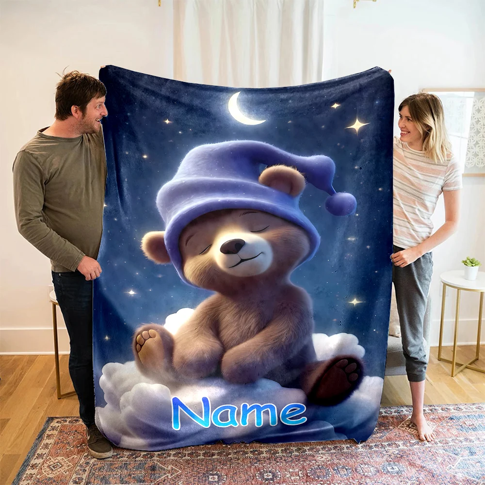 Customized Name Personalized Blanket Bear Pattern Text Children Warm Soft Blankets Home Travel and Comfortable Blanket