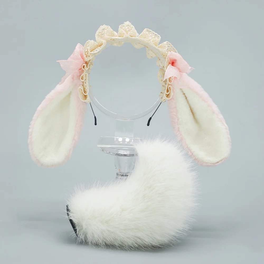 2 Pz/set Lolita Orecchio di Coniglio Hairband KC Orecchio di Coniglio Coda di Coniglio Puntelli Cosplay Arco Orecchio di Coniglio Peluche Copricapi Orecchie di Animali Coda