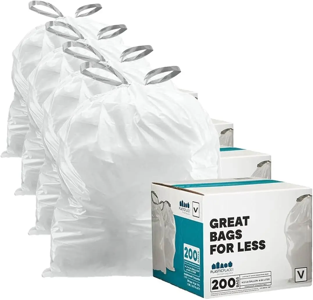 

Мешки для мусора на заказ для бака Simplehuman Code V, белые вкладыши на шнурке 200 штук, размер 4,2–4,8 галлонов