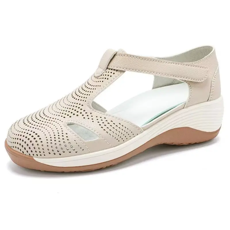 

Женские сандалии Baotou на танкетке, новые летние кожаные сандалии с ромбовидной инкрустацией, нескользящие дышащие повседневные сандалии на липучке с круглым носком