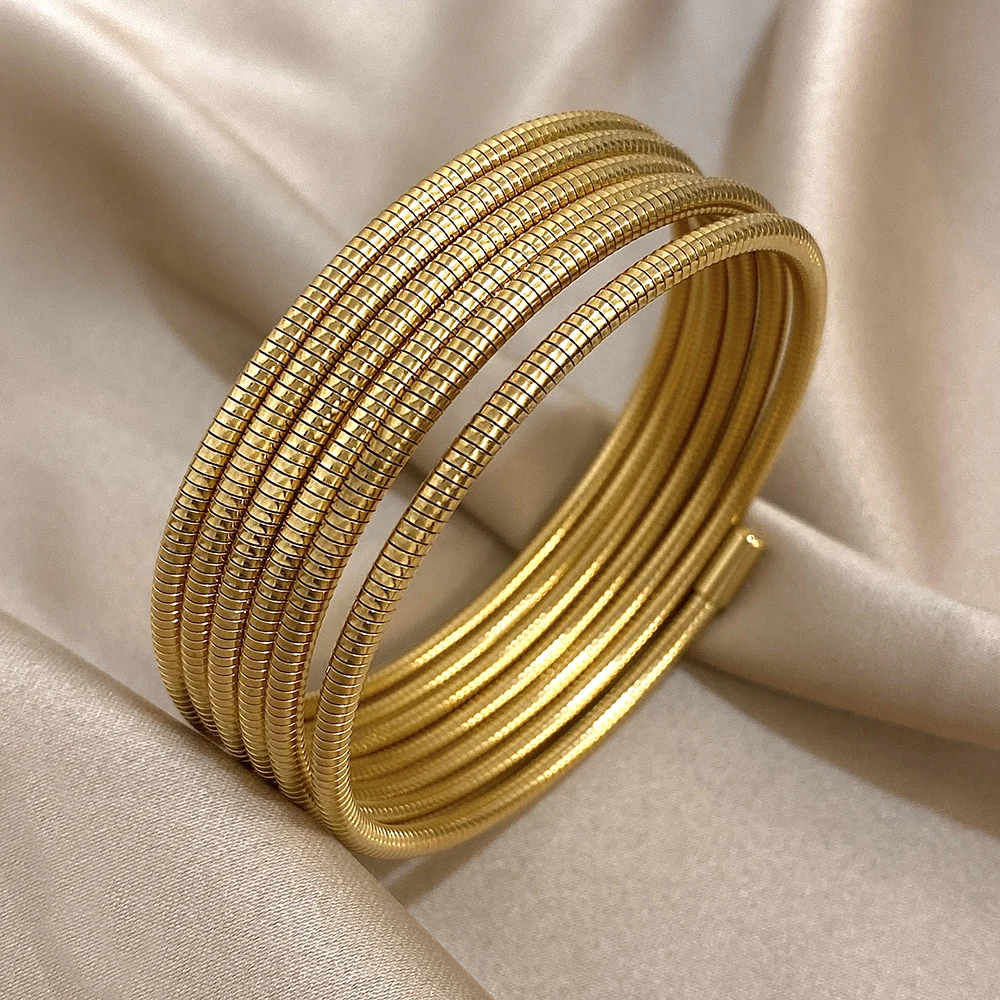

Greatera Multi-spring Snake Chain Wrap Design Men Women's Bracelet Gold Color Elastic Force Adjustable European American Bangle