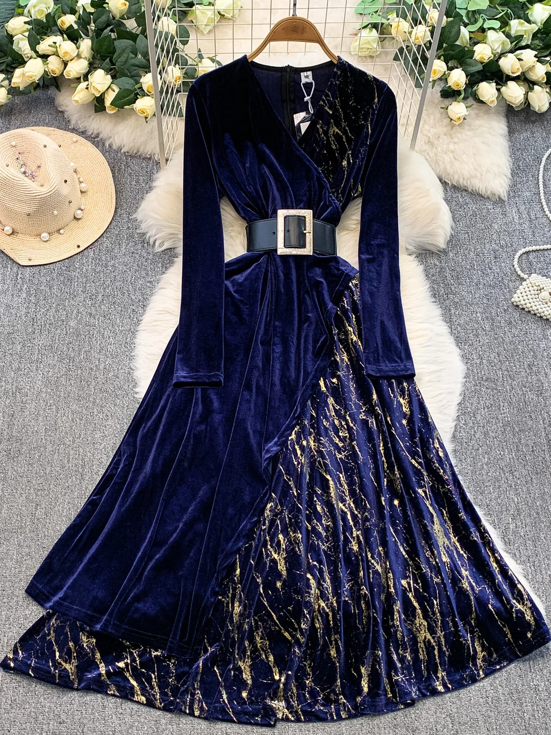 Retro Ele V-Ne Velvet Dr Gold Embroidery Asymmetrical Hemline Slimming High Waist Luxury Long Sve Ball Gown Dr