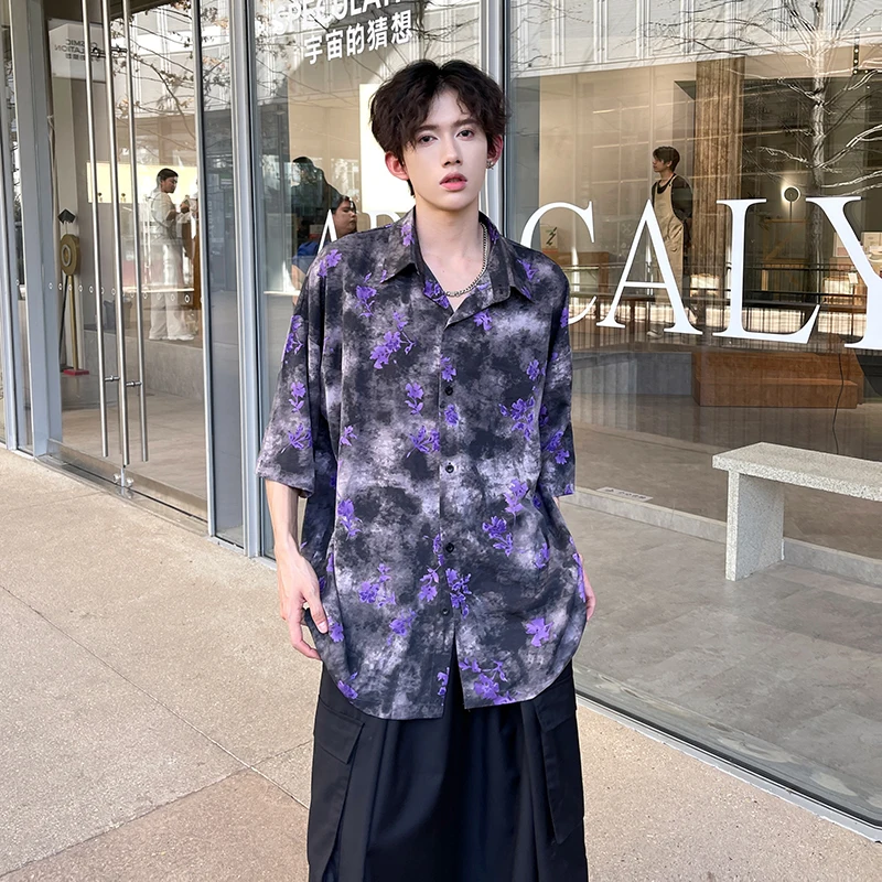 Summer Floral Printing Short Sleeve Shirts Men Fashion Casual Loose Shirt Korean Street Style Ice Silk Cool Blouse Mens Shirt