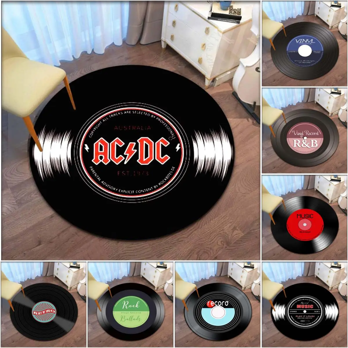 Record Music CD Pattern Round Carpet Retro Floor Mat Living Room Bedroom Decorative Anti-Slip Leisure Floor Mat Mode Area Rug