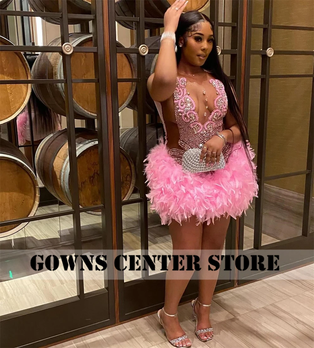 Shocked Pink Festhers Rhinestone Beading Prom Dresses Black Girls Mermaid Luxury Birthday Dress Party Gown African Customized