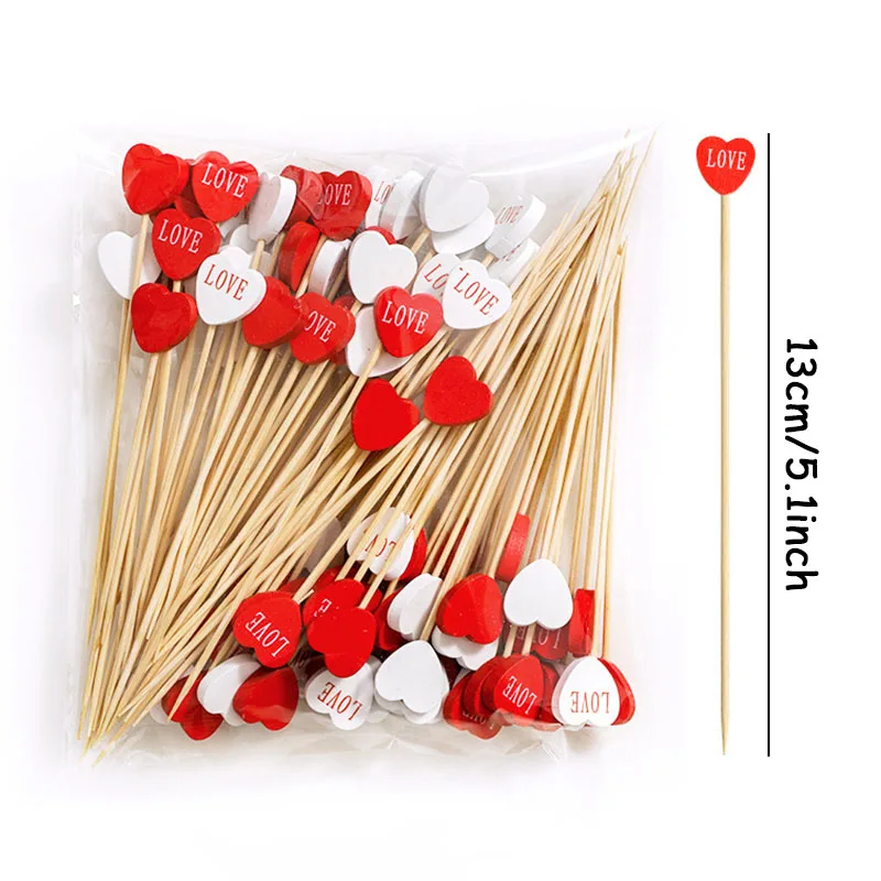 100pcs Red White Heart Sticks Love Heart Disposable Bamboo Stick Buffet Fruit Fork Cocktail Skewer Valentines Day Wedding Decor