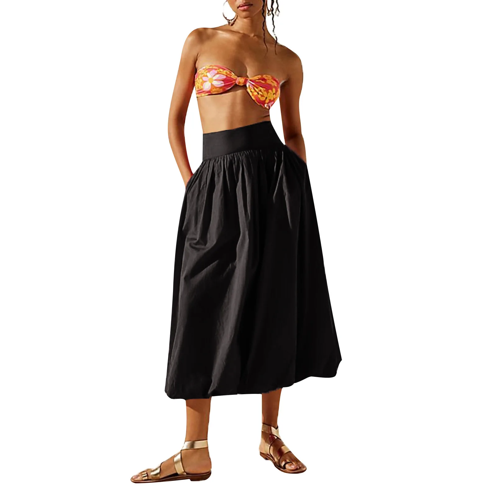 

2025 European and American New Women's Skirt with Pockets, Gathered Elastic Waist Lantern Skirt