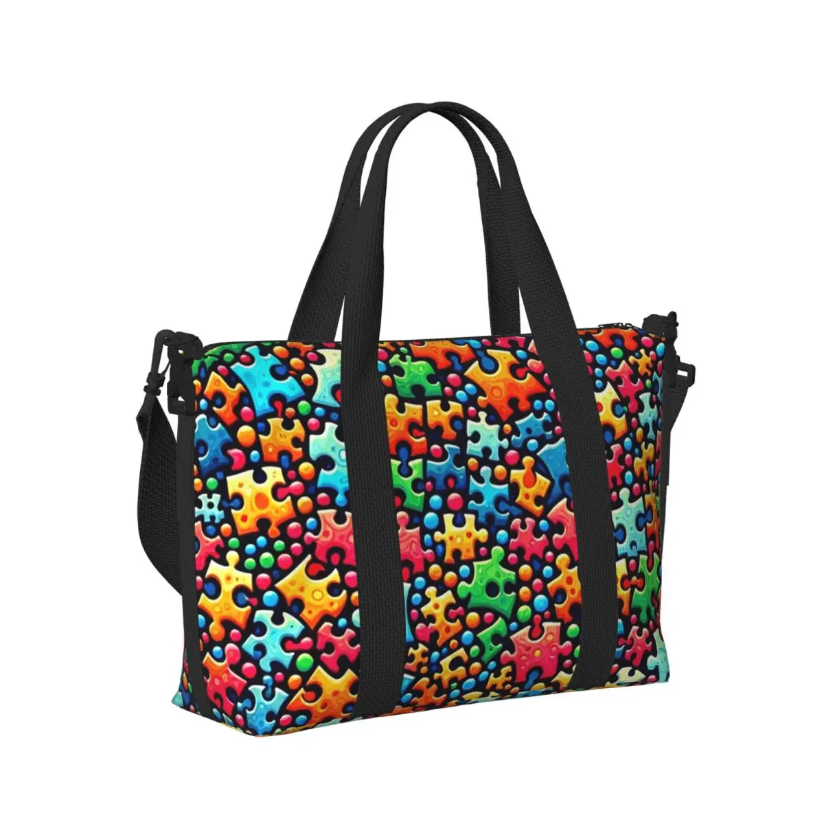 

Autism Awareness Puzzle Piece Print Beach Travel Bag Large Capacity Tote Bags for Gym Sport Women Shopping Duffle Shoulder Bag