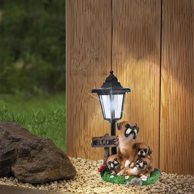 Dog Statue with Solar Light Garden Decor with Solar Lantern Collectible Figurine Animal Decoration for Balcony Patio Yard