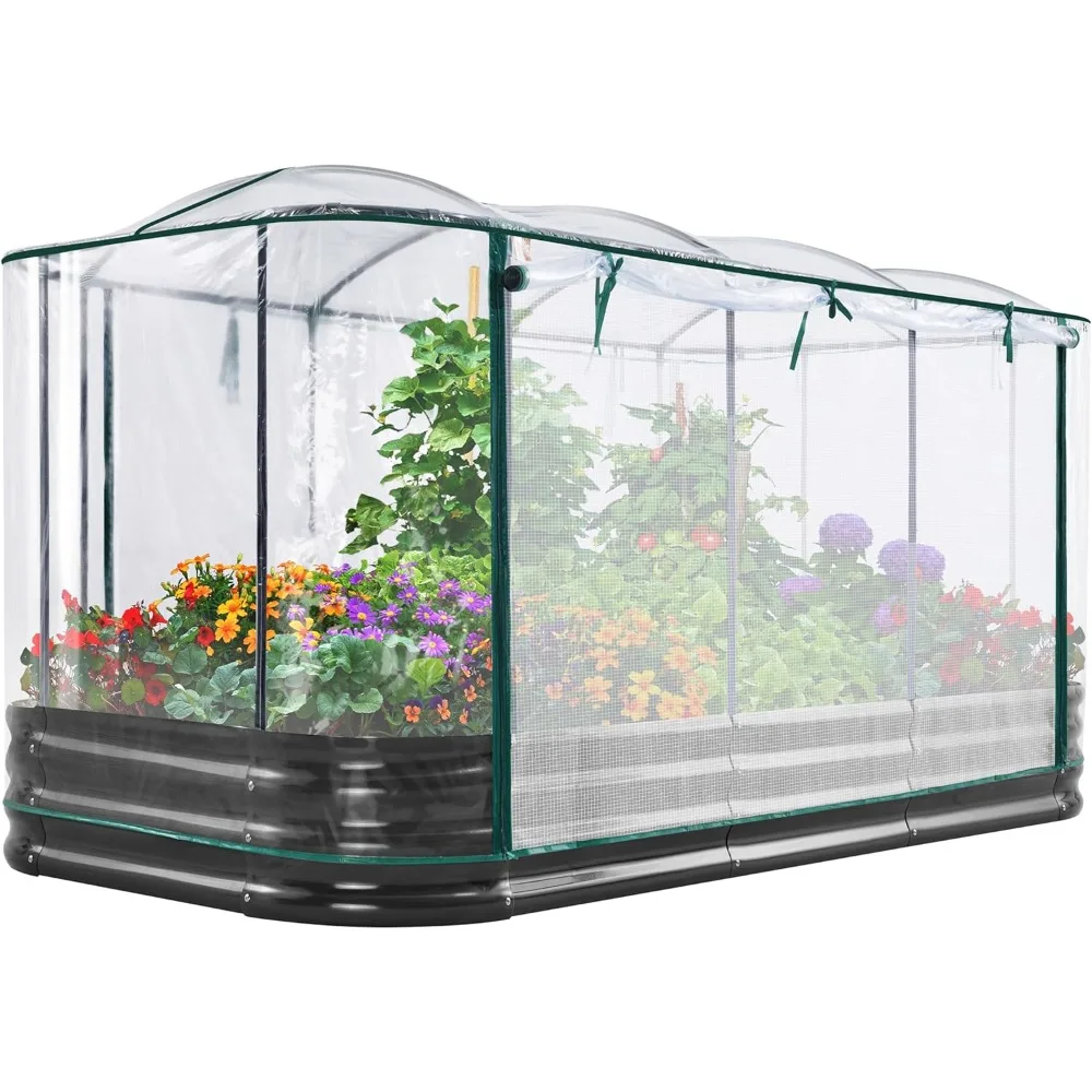 

Raised Garden Bed with Cover Galvanized Oval Planter Garden Box Outdoor for Gardening, Vegetables, Flowers 94.5x47.2x11.8 in, C