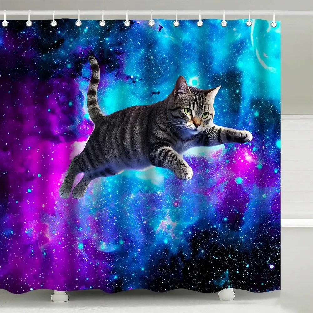 

Cute Flying Space Cat Shower Curtain, Funny Kitten Playing Blue Purple Galaxy Nebula Design, Waterproof Washable Fabric