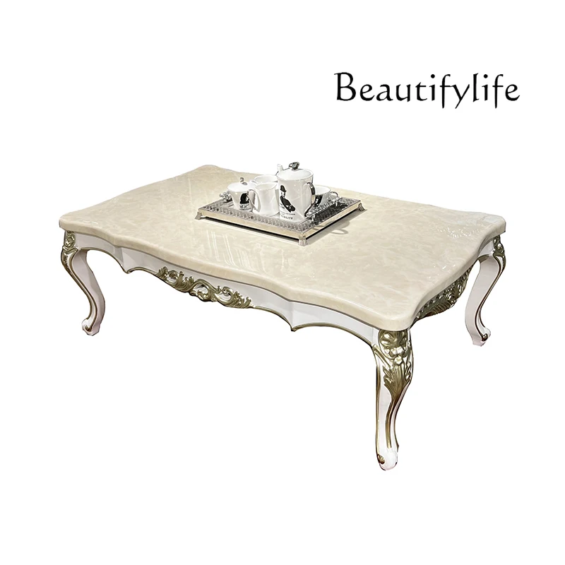 

French solid wood large coffee table European living room marble tea table small apartment tea table neoclassical carved