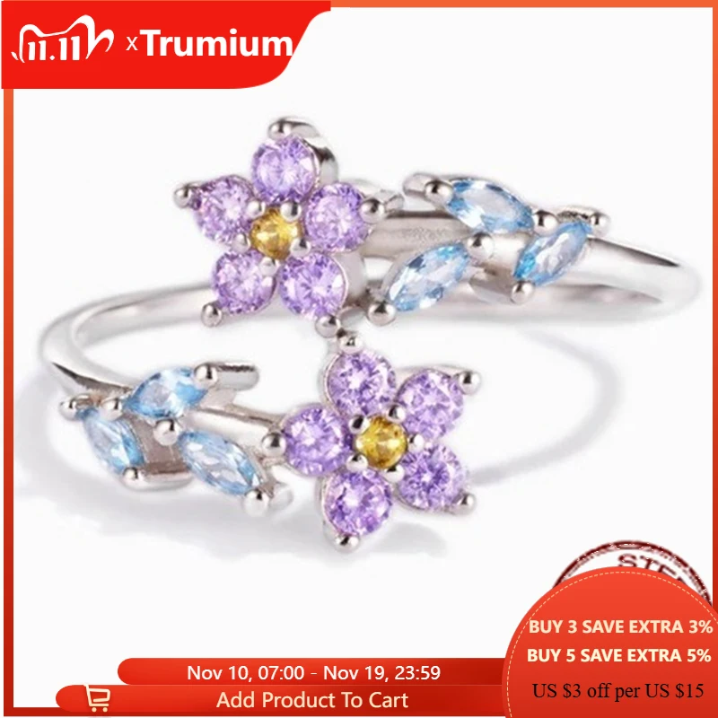 

Trumium 925 Sterling Silver Female Purple Flower Crystal Ring Blue Leaves Wedding Rings For Women Dainty Engagement Jewelry