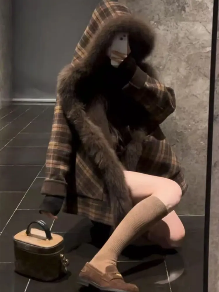 

Двустороннее клетчатое пальто с капюшоном, осенне-зимний дизайн, повседневный корейский стиль, средней длины, женская верхняя одежда из полиэфирного волокна