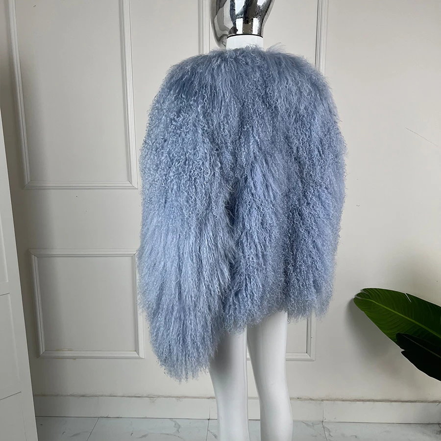 여성용 몽골 모피 코트, 라운드 넥 짧은 양가죽 코트, 겨울 양털 코트, 진짜 푹신한 양털 재킷