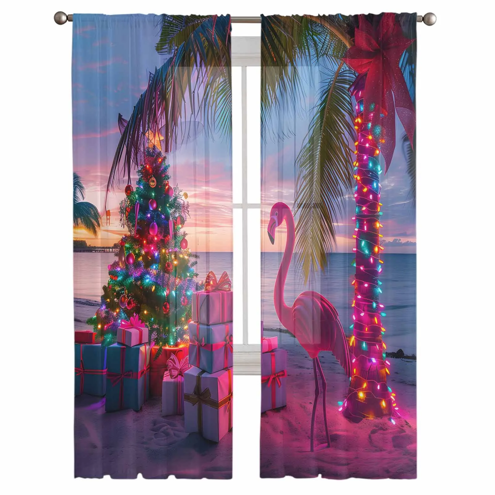 Beach Christmas Tree Colorful Flamingo Palm Tree Sheer Curtains For Living Room Modern Valance Kitchen Tulle Curtains