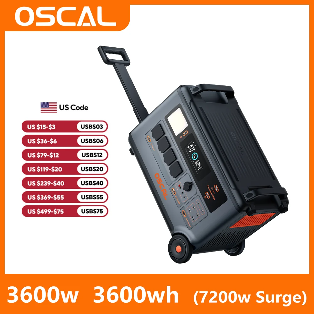 OSCAL 3600 Portable Power Station 3600Wh LiFePO4, 3600W/7200W Surge Solar Generator, 1.5H Fast Charge UPS for Home Backup Hurricane Blackout Camping Off-Grid
