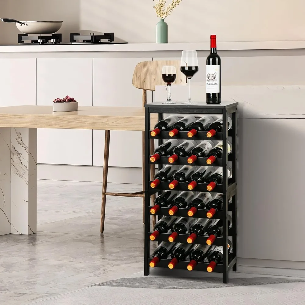 Wine Rack Freestanding Floor, 6-Tier Display Wine Storage Shelves with Table Top, 24-Botttle Bamboo Wine Rack Shelf for Kitchen